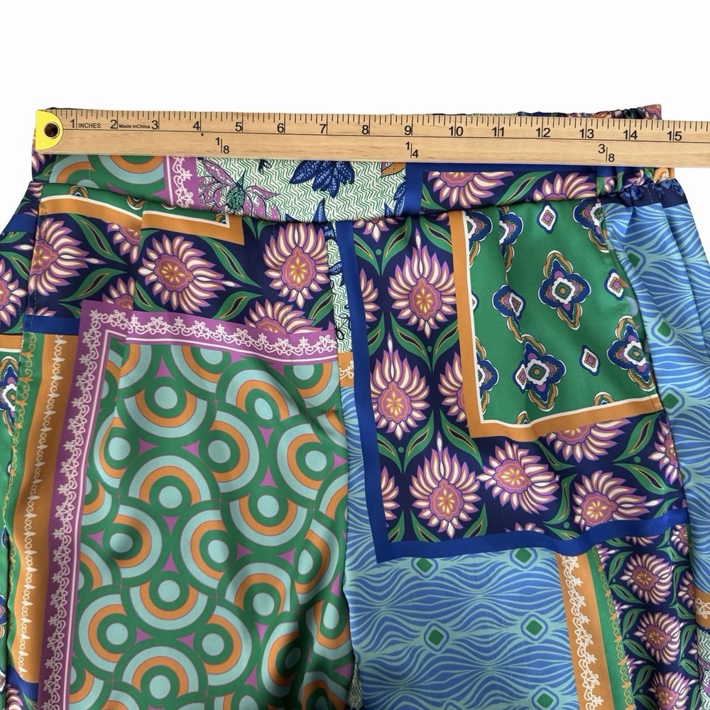Rachel Zoe Patchwork Palazzo Pants Sz L Wide Leg • Scarf Print Resort Wear Boho - Picture 10 of 12